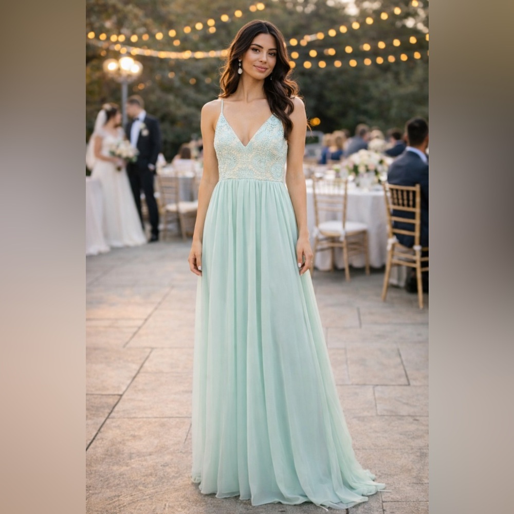 Mint Lace Maxi Dress Chiffon V-Neck Wedding Guest Formal Bridesmaid Gown L